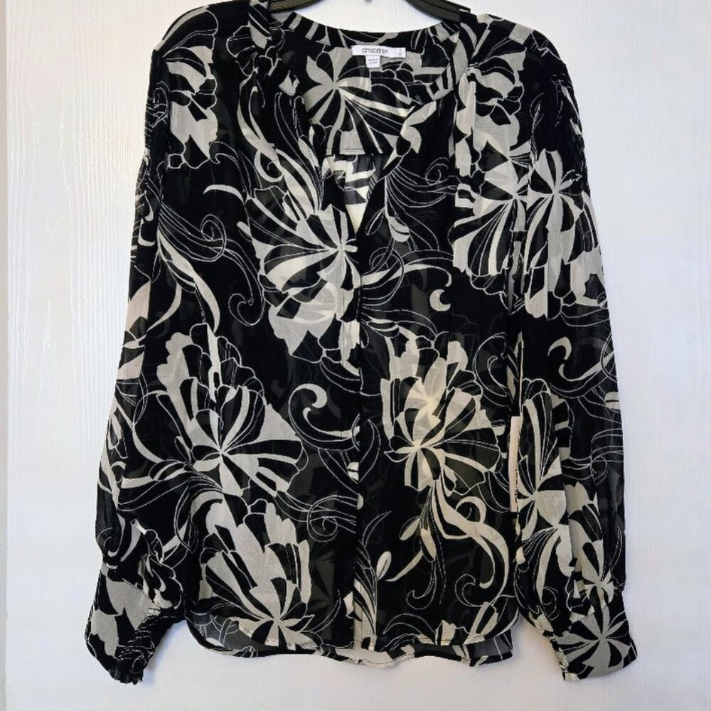 NWT Chico's sheer dark navy and‎ cream Kasbah Pinktuck L/S blouse Size 3/XL?16